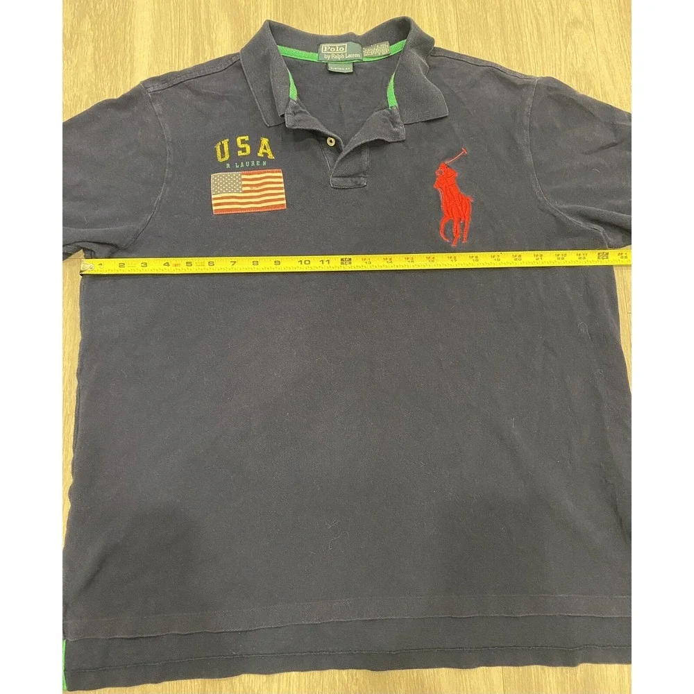 Vintage Polo Ralph Lauren Big Pony USA Shirt Mens XXL Blue USA Flag Custom Fit